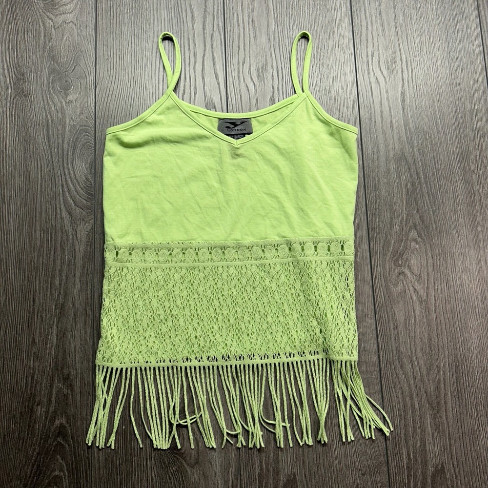 London Y2K Lime Green Crochet Fringe Cami Top Spaghetti Strap Medium